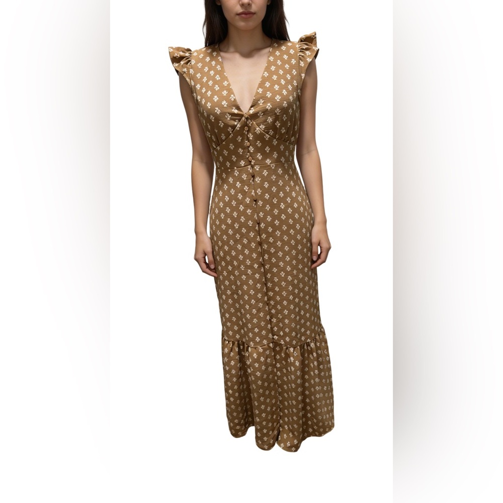 Monteau Tan Printed Maxi Dress with Ruffle Hem